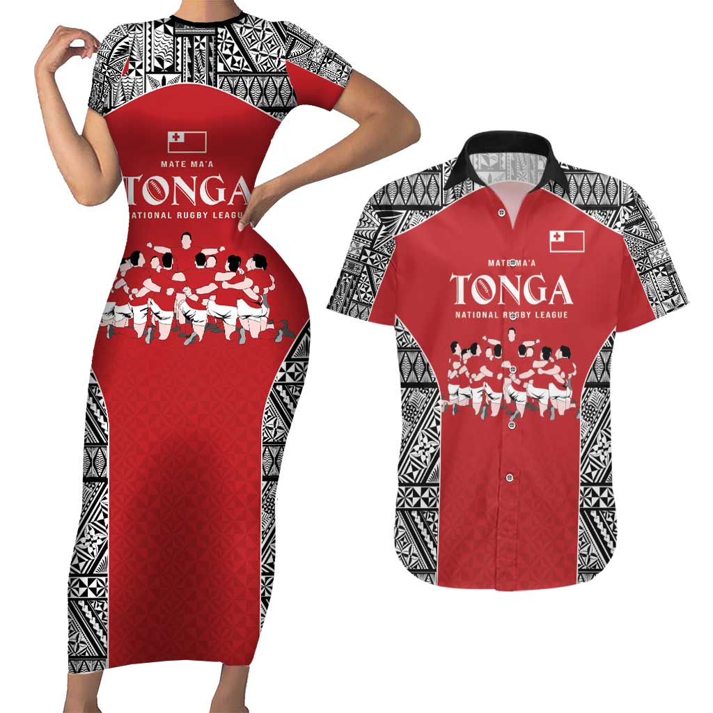 Custom Tonga Rugby Mate Ma'a Couples Matching Short Sleeve Bodycon Dress and Hawaiian Shirt Tonga XIII Make History Pacific Champions LT9 Red - Polynesian Pride