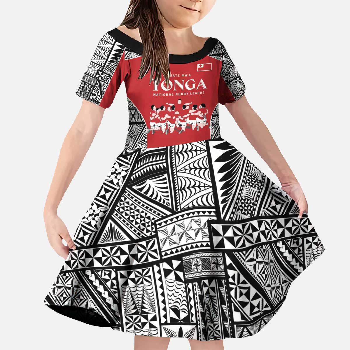 Custom Tonga Rugby Mate Ma'a Family Matching Off The Shoulder Long Sleeve Dress and Hawaiian Shirt Tonga XIII Make History Pacific Champions LT9 Daughter's Dress Red - Polynesian Pride