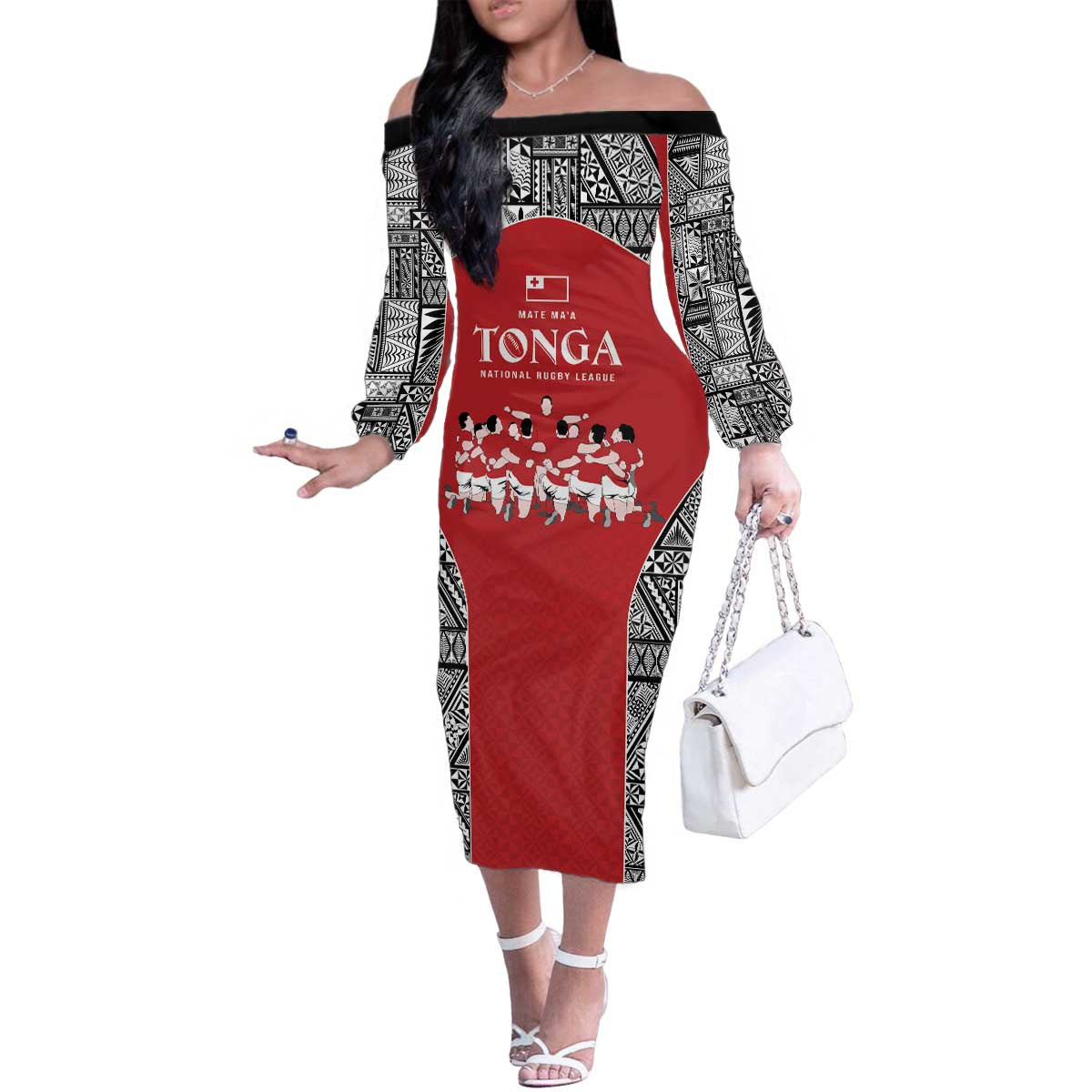Custom Tonga Rugby Mate Ma'a Family Matching Off The Shoulder Long Sleeve Dress and Hawaiian Shirt Tonga XIII Make History Pacific Champions LT9 Mom's Dress Red - Polynesian Pride