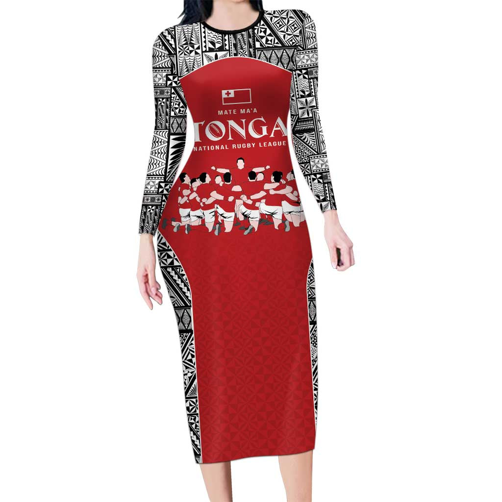 Custom Tonga Rugby Mate Ma'a Long Sleeve Bodycon Dress Tonga XIII Make History Pacific Champions LT9 Long Dress Red - Polynesian Pride