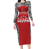 Custom Tonga Rugby Mate Ma'a Long Sleeve Bodycon Dress Tonga XIII Make History Pacific Champions LT9 Long Dress Red - Polynesian Pride