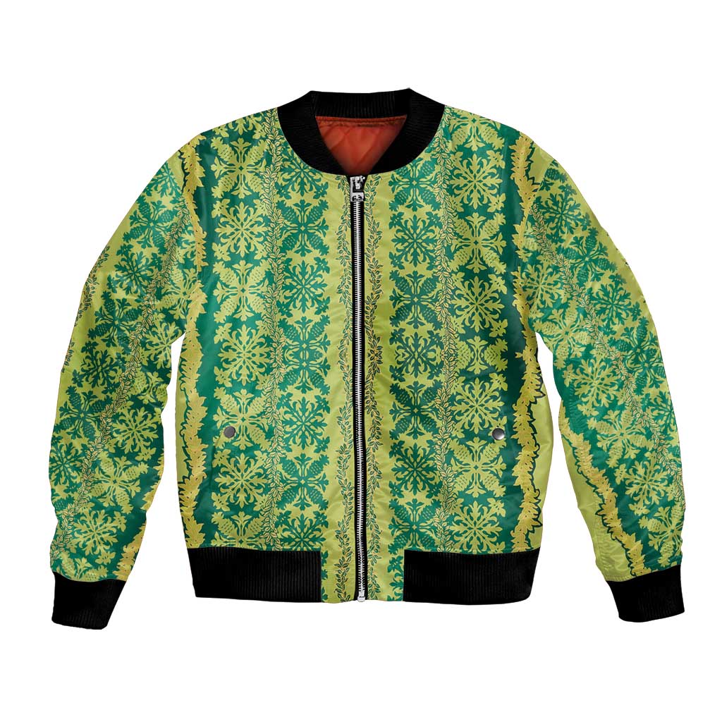 Hawaii Lei with Tribal Quilt Motif Bomber Jacket LT9 Unisex Green - Polynesian Pride