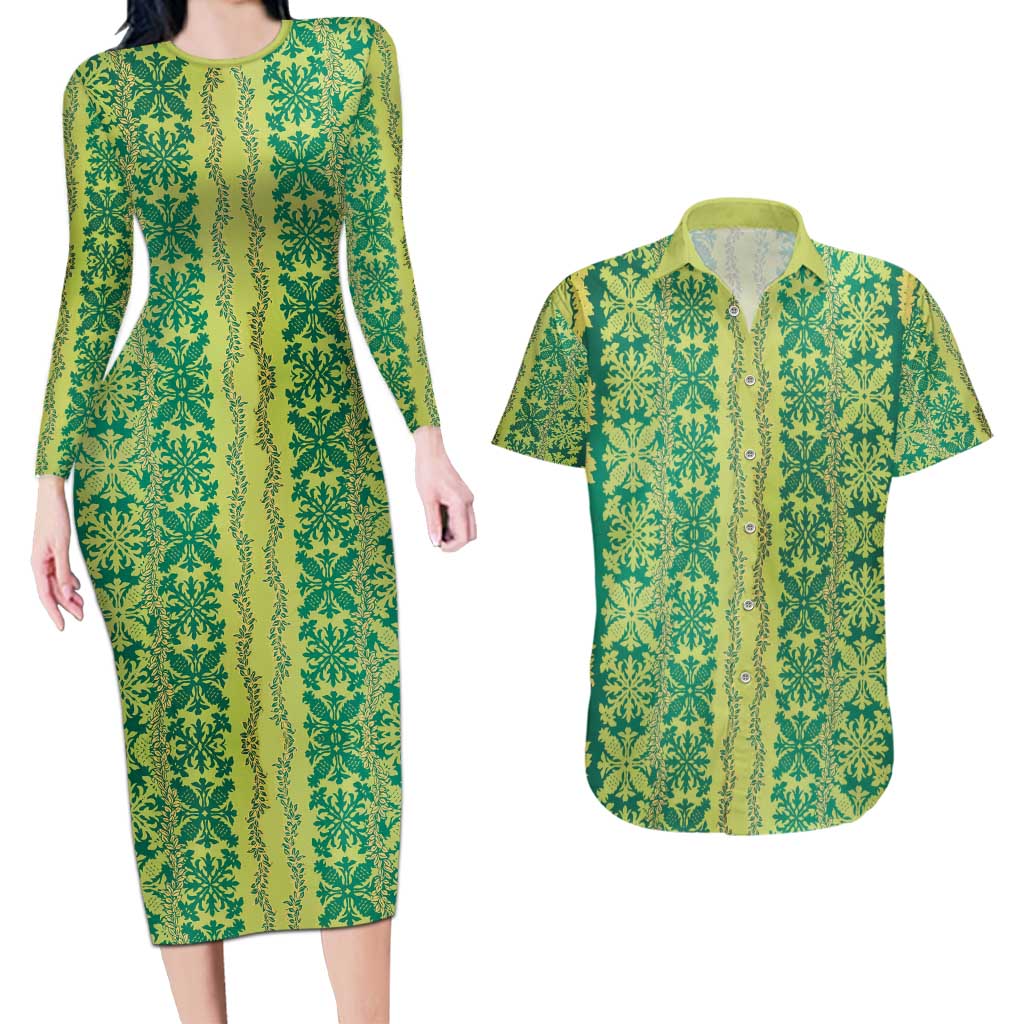 Hawaii Lei with Tribal Quilt Motif Couples Matching Long Sleeve Bodycon Dress and Hawaiian Shirt LT9 Green - Polynesian Pride