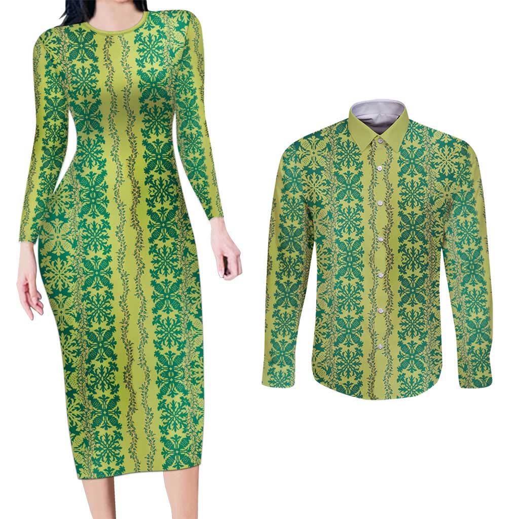 Hawaii Lei with Tribal Quilt Motif Couples Matching Long Sleeve Bodycon Dress and Long Sleeve Button Shirt LT9 Green - Polynesian Pride