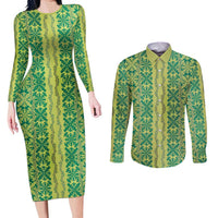 Hawaii Lei with Tribal Quilt Motif Couples Matching Long Sleeve Bodycon Dress and Long Sleeve Button Shirt LT9 Green - Polynesian Pride