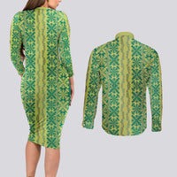 Hawaii Lei with Tribal Quilt Motif Couples Matching Long Sleeve Bodycon Dress and Long Sleeve Button Shirt LT9 - Polynesian Pride