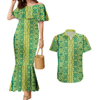 Hawaii Lei with Tribal Quilt Motif Couples Matching Mermaid Dress and Hawaiian Shirt LT9 Green - Polynesian Pride