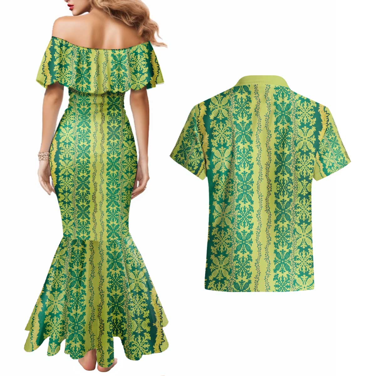 Hawaii Lei with Tribal Quilt Motif Couples Matching Mermaid Dress and Hawaiian Shirt LT9 - Polynesian Pride