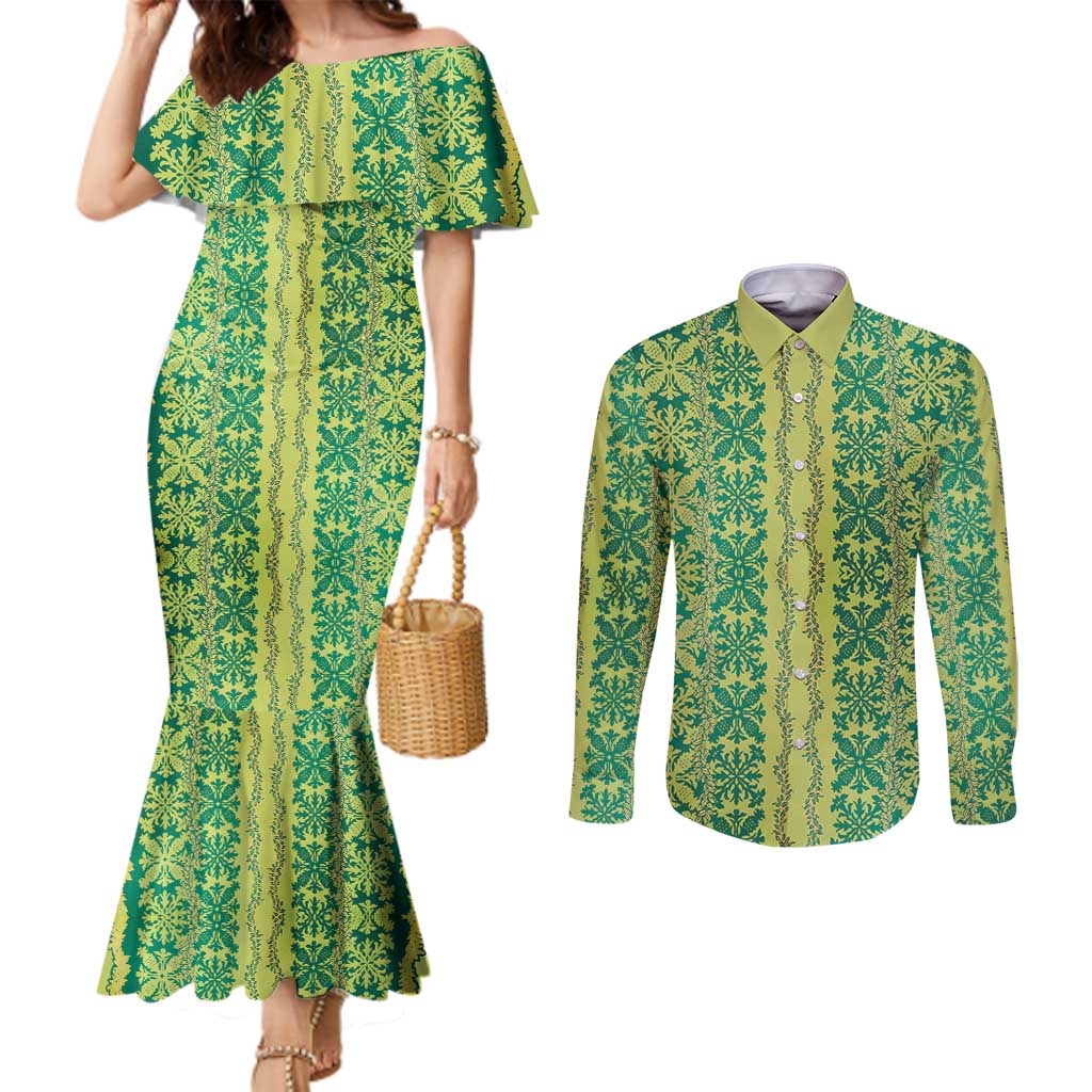 Hawaii Lei with Tribal Quilt Motif Couples Matching Mermaid Dress and Long Sleeve Button Shirt LT9 Green - Polynesian Pride