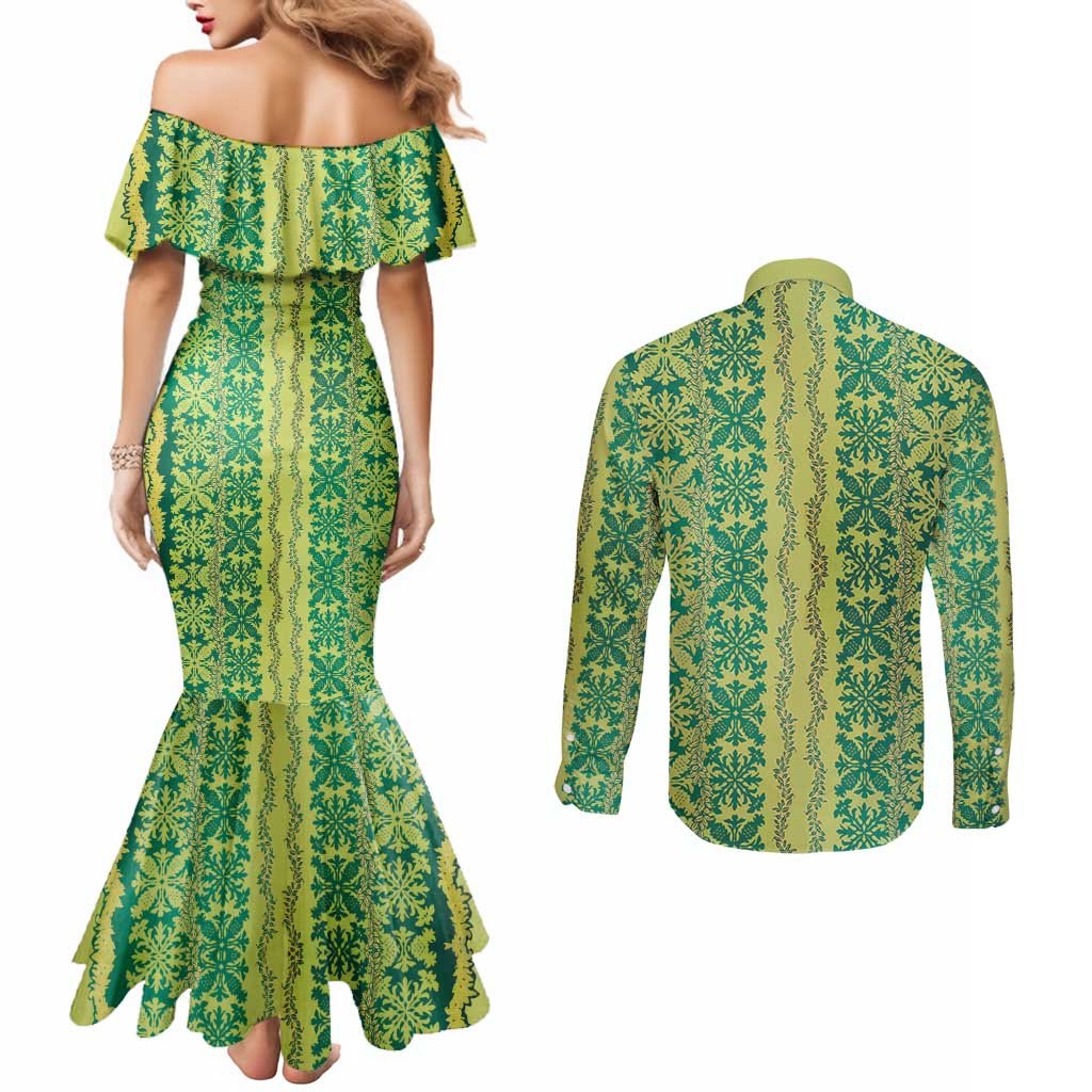 Hawaii Lei with Tribal Quilt Motif Couples Matching Mermaid Dress and Long Sleeve Button Shirt LT9 - Polynesian Pride