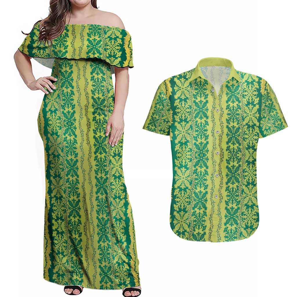 Hawaii Lei with Tribal Quilt Motif Couples Matching Off Shoulder Maxi Dress and Hawaiian Shirt LT9 Green - Polynesian Pride
