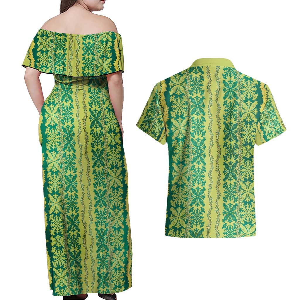 Hawaii Lei with Tribal Quilt Motif Couples Matching Off Shoulder Maxi Dress and Hawaiian Shirt LT9 - Polynesian Pride