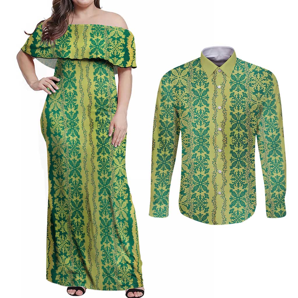 Hawaii Lei with Tribal Quilt Motif Couples Matching Off Shoulder Maxi Dress and Long Sleeve Button Shirt LT9 Green - Polynesian Pride