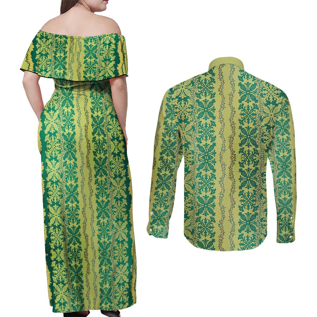 Hawaii Lei with Tribal Quilt Motif Couples Matching Off Shoulder Maxi Dress and Long Sleeve Button Shirt LT9 - Polynesian Pride