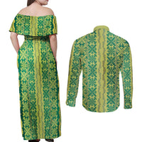 Hawaii Lei with Tribal Quilt Motif Couples Matching Off Shoulder Maxi Dress and Long Sleeve Button Shirt LT9 - Polynesian Pride