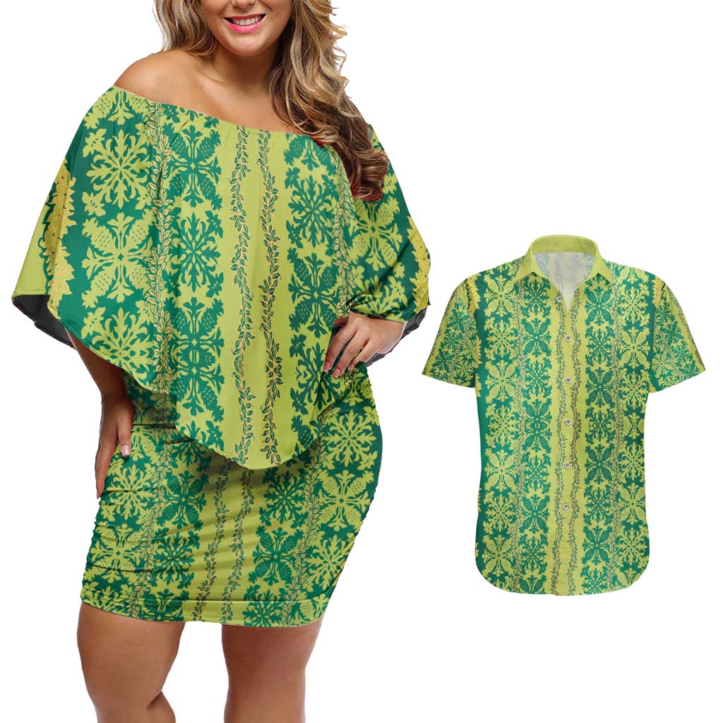 Hawaii Lei with Tribal Quilt Motif Couples Matching Off Shoulder Short Dress and Hawaiian Shirt LT9 Green - Polynesian Pride