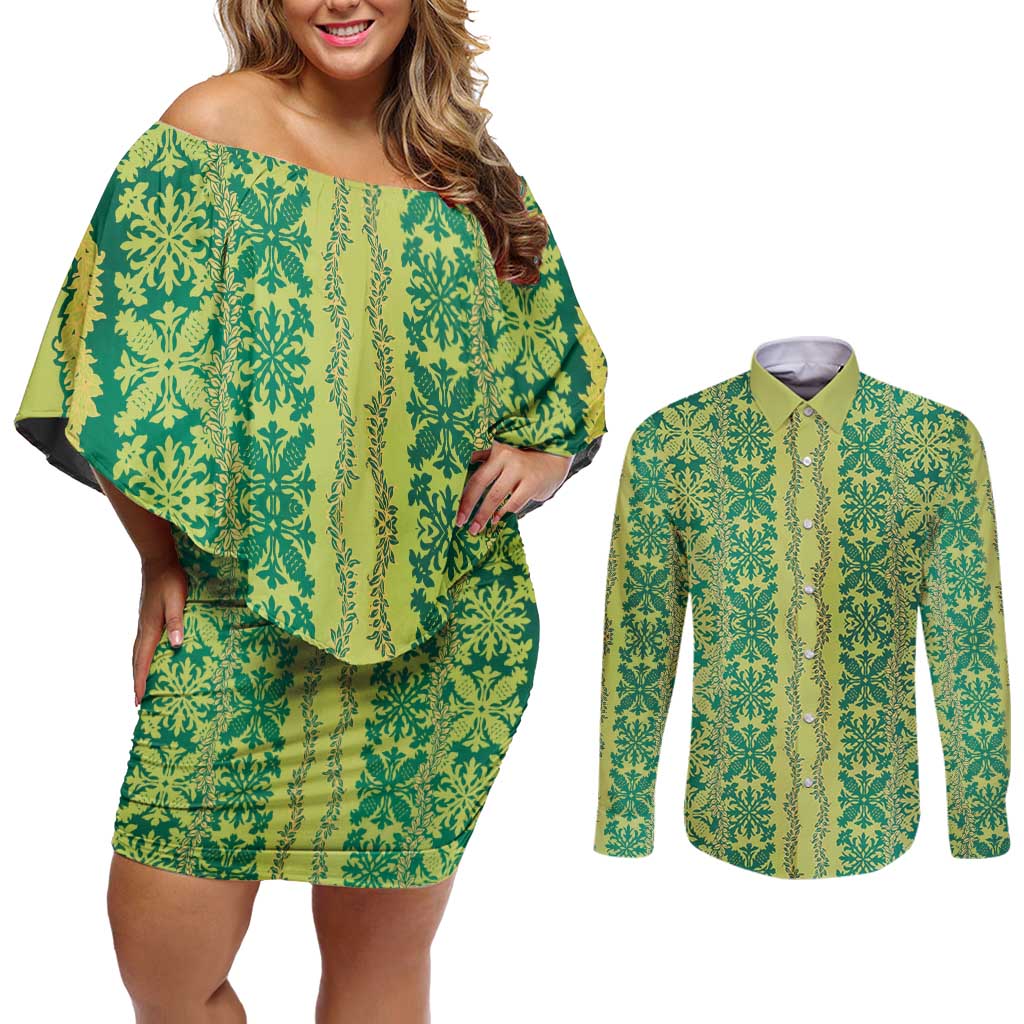Hawaii Lei with Tribal Quilt Motif Couples Matching Off Shoulder Short Dress and Long Sleeve Button Shirt LT9 Green - Polynesian Pride
