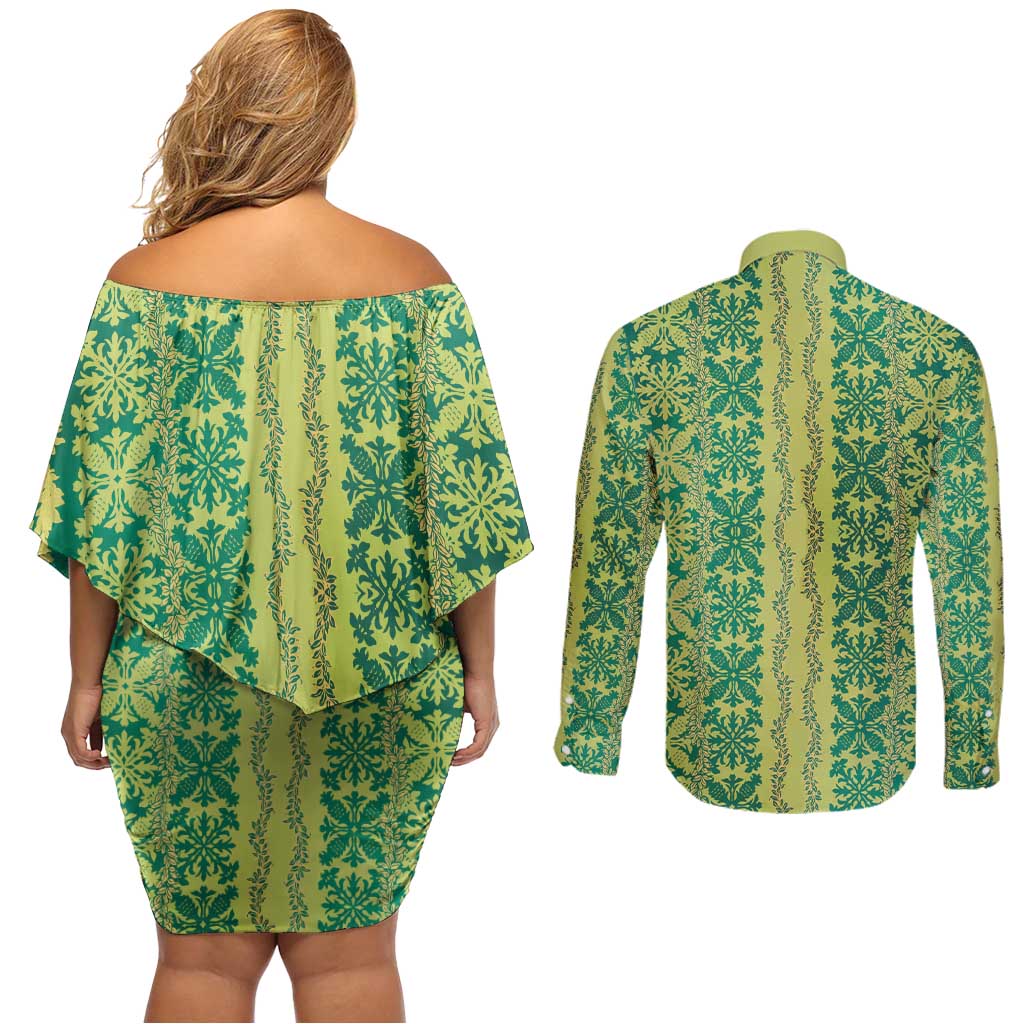 Hawaii Lei with Tribal Quilt Motif Couples Matching Off Shoulder Short Dress and Long Sleeve Button Shirt LT9 - Polynesian Pride
