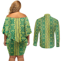 Hawaii Lei with Tribal Quilt Motif Couples Matching Off Shoulder Short Dress and Long Sleeve Button Shirt LT9 - Polynesian Pride