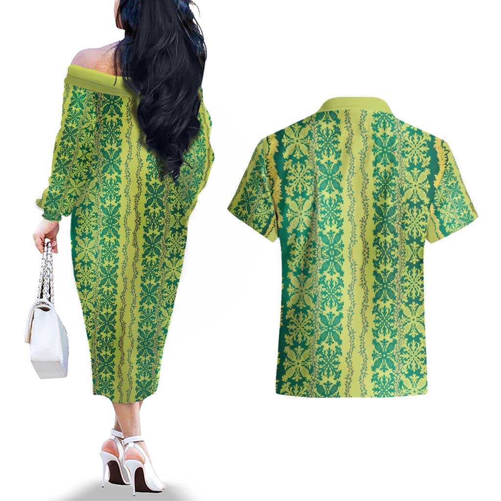 Hawaii Lei with Tribal Quilt Motif Couples Matching Off The Shoulder Long Sleeve Dress and Hawaiian Shirt LT9 - Polynesian Pride