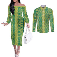 Hawaii Lei with Tribal Quilt Motif Couples Matching Off The Shoulder Long Sleeve Dress and Long Sleeve Button Shirt LT9 Green - Polynesian Pride