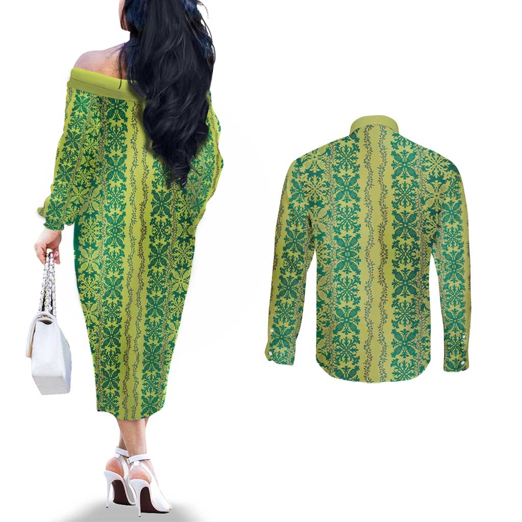 Hawaii Lei with Tribal Quilt Motif Couples Matching Off The Shoulder Long Sleeve Dress and Long Sleeve Button Shirt LT9 - Polynesian Pride