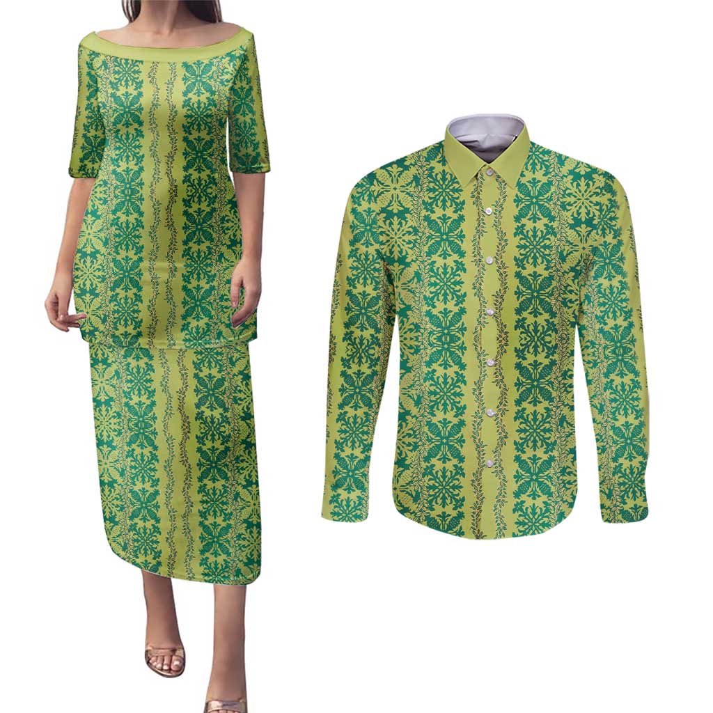 Hawaii Lei with Tribal Quilt Motif Couples Matching Puletasi and Long Sleeve Button Shirt LT9 Green - Polynesian Pride