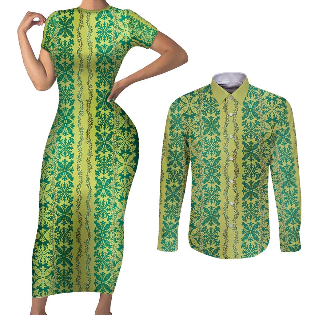 Hawaii Lei with Tribal Quilt Motif Couples Matching Short Sleeve Bodycon Dress and Long Sleeve Button Shirt LT9 Green - Polynesian Pride