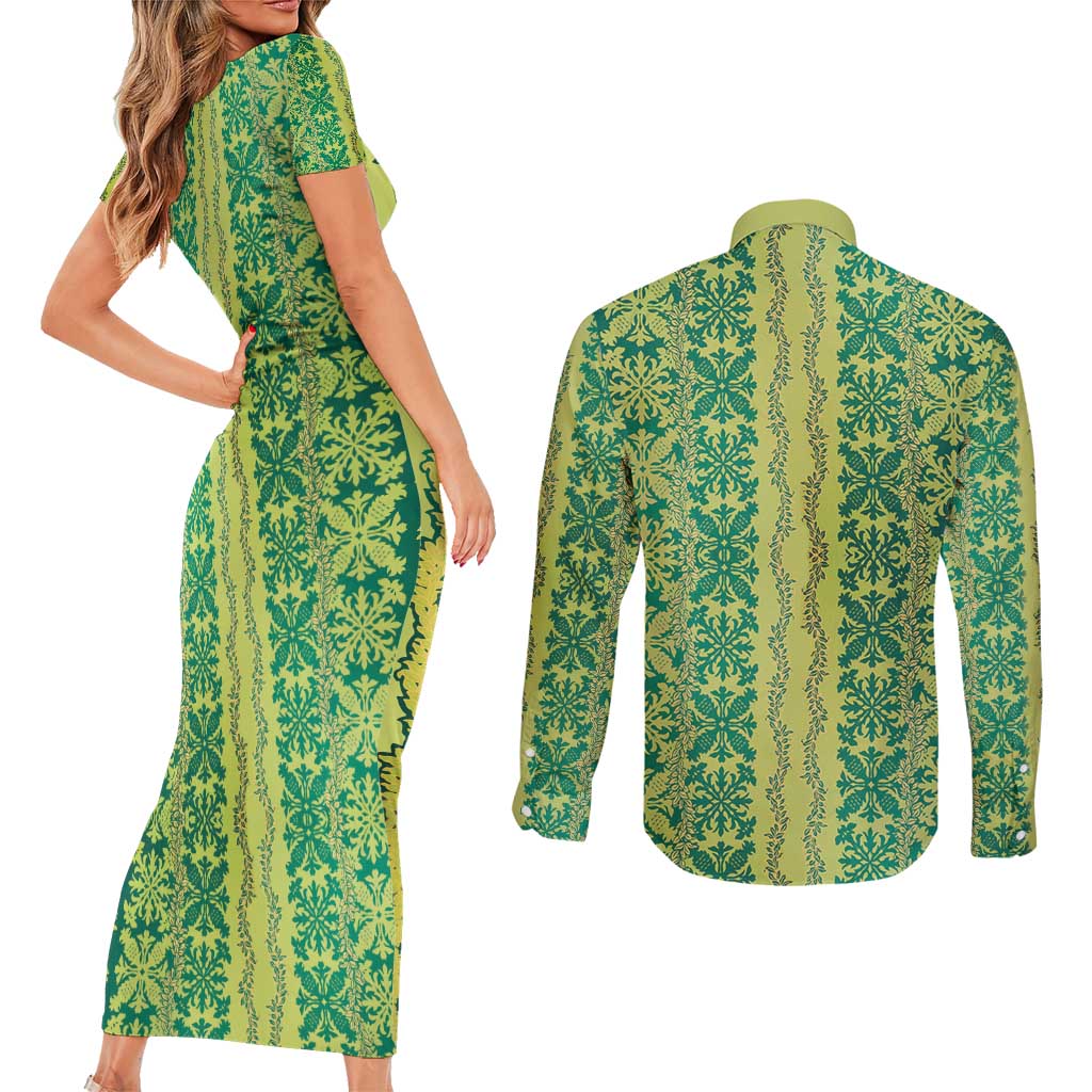 Hawaii Lei with Tribal Quilt Motif Couples Matching Short Sleeve Bodycon Dress and Long Sleeve Button Shirt LT9 - Polynesian Pride
