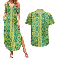 Hawaii Lei with Tribal Quilt Motif Couples Matching Summer Maxi Dress and Hawaiian Shirt LT9 Green - Polynesian Pride