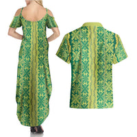 Hawaii Lei with Tribal Quilt Motif Couples Matching Summer Maxi Dress and Hawaiian Shirt LT9 - Polynesian Pride