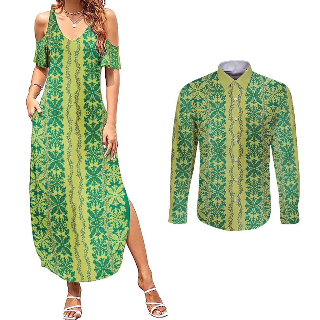 Hawaii Lei with Tribal Quilt Motif Couples Matching Summer Maxi Dress and Long Sleeve Button Shirt LT9 Green - Polynesian Pride