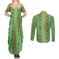 Hawaii Lei with Tribal Quilt Motif Couples Matching Summer Maxi Dress and Long Sleeve Button Shirt LT9 - Polynesian Pride