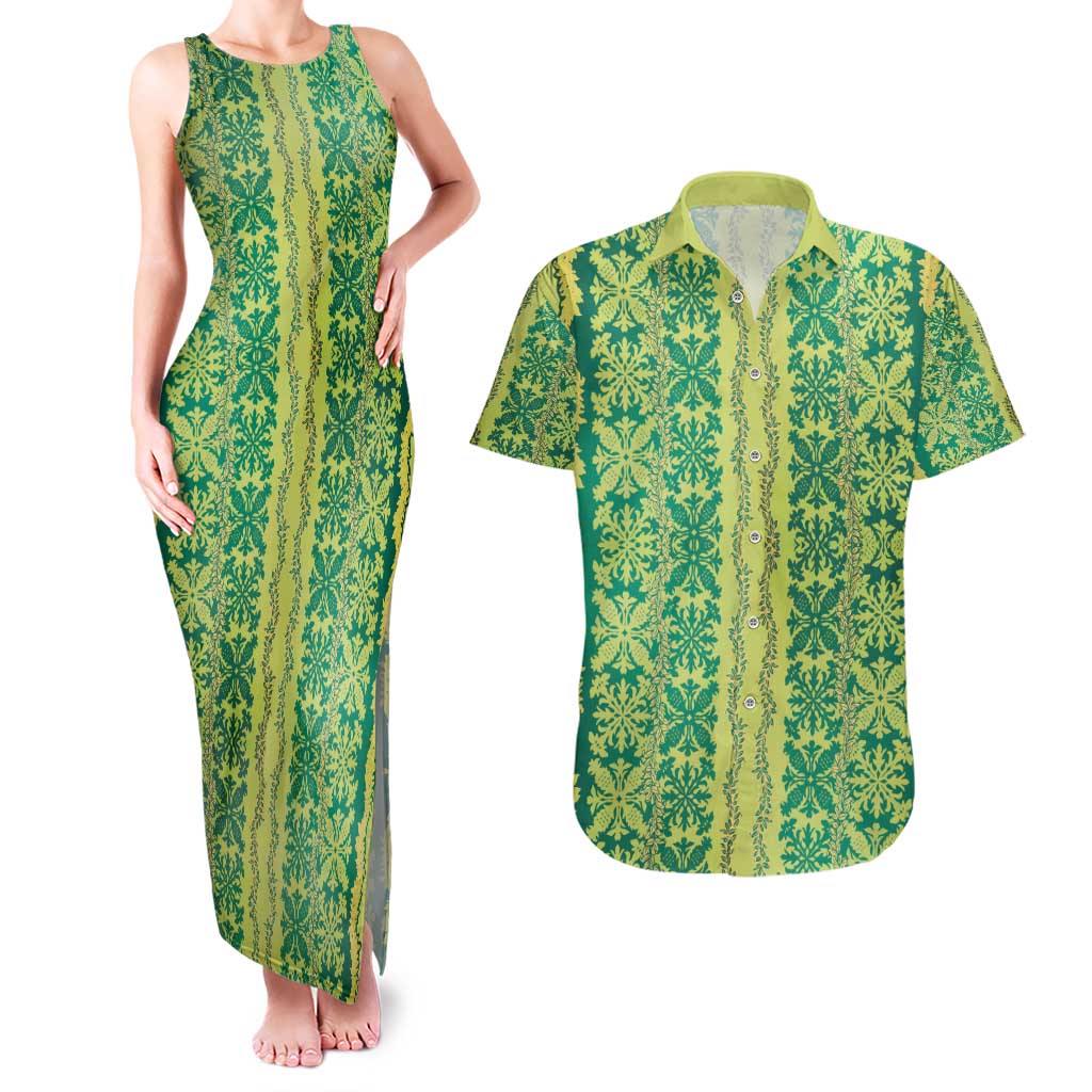 Hawaii Lei with Tribal Quilt Motif Couples Matching Tank Maxi Dress and Hawaiian Shirt LT9 Green - Polynesian Pride