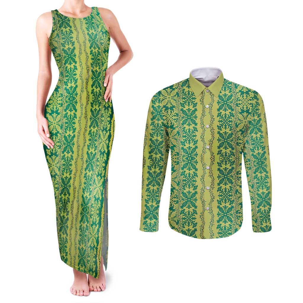 Hawaii Lei with Tribal Quilt Motif Couples Matching Tank Maxi Dress and Long Sleeve Button Shirt LT9 Green - Polynesian Pride
