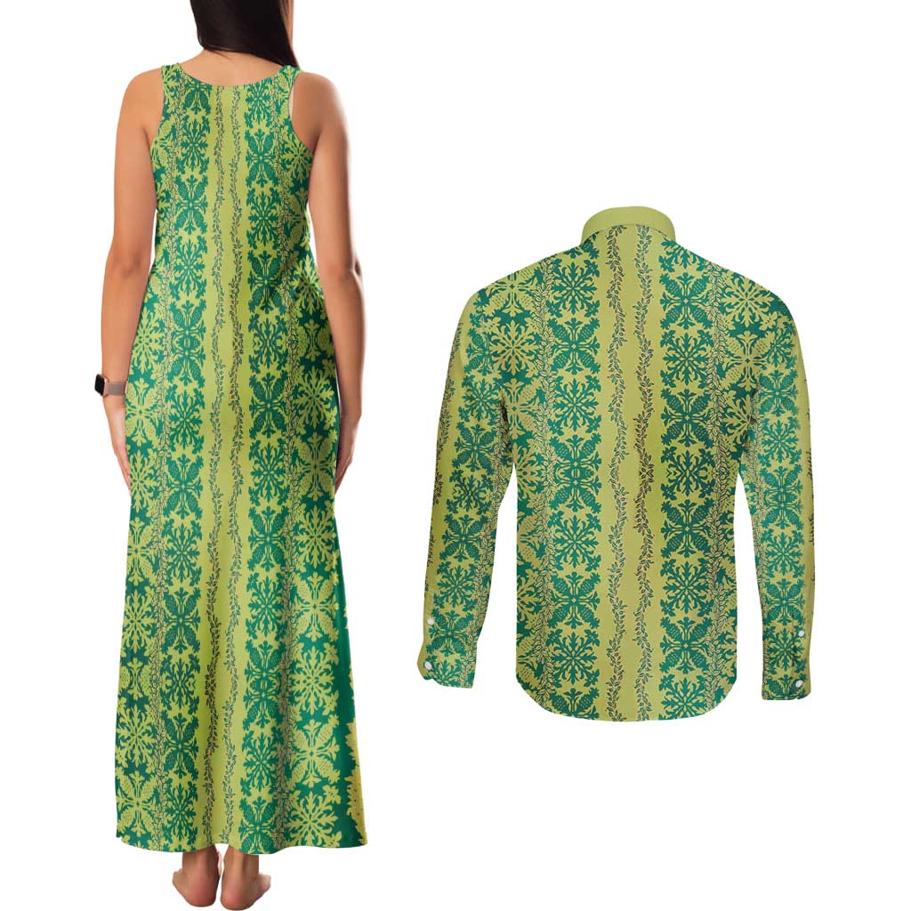 Hawaii Lei with Tribal Quilt Motif Couples Matching Tank Maxi Dress and Long Sleeve Button Shirt LT9 - Polynesian Pride