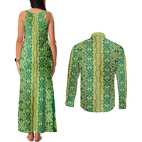 Hawaii Lei with Tribal Quilt Motif Couples Matching Tank Maxi Dress and Long Sleeve Button Shirt LT9 - Polynesian Pride