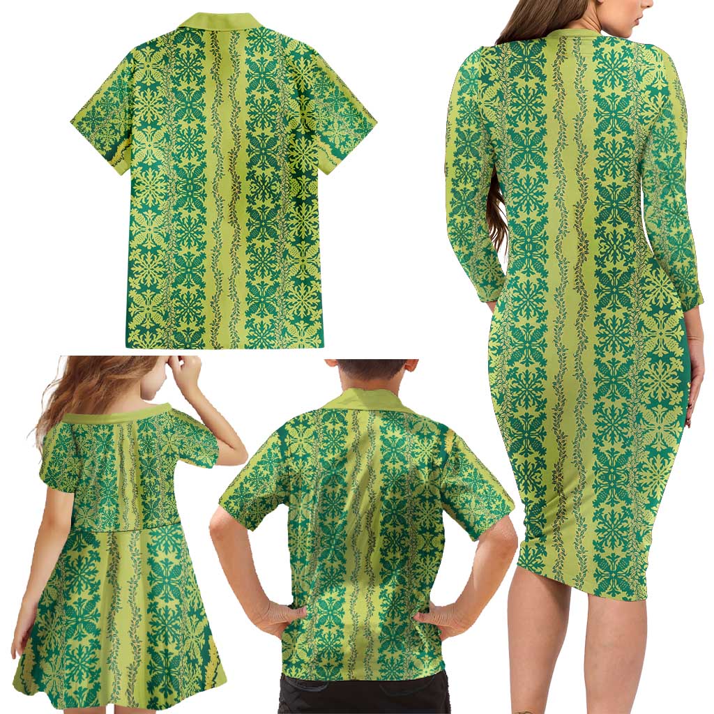 Hawaii Lei with Tribal Quilt Motif Family Matching Long Sleeve Bodycon Dress and Hawaiian Shirt LT9 - Polynesian Pride