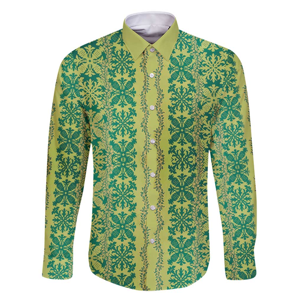 Hawaii Lei with Tribal Quilt Motif Family Matching Long Sleeve Bodycon Dress and Hawaiian Shirt LT9 Dad's Shirt - Long Sleeve Green - Polynesian Pride