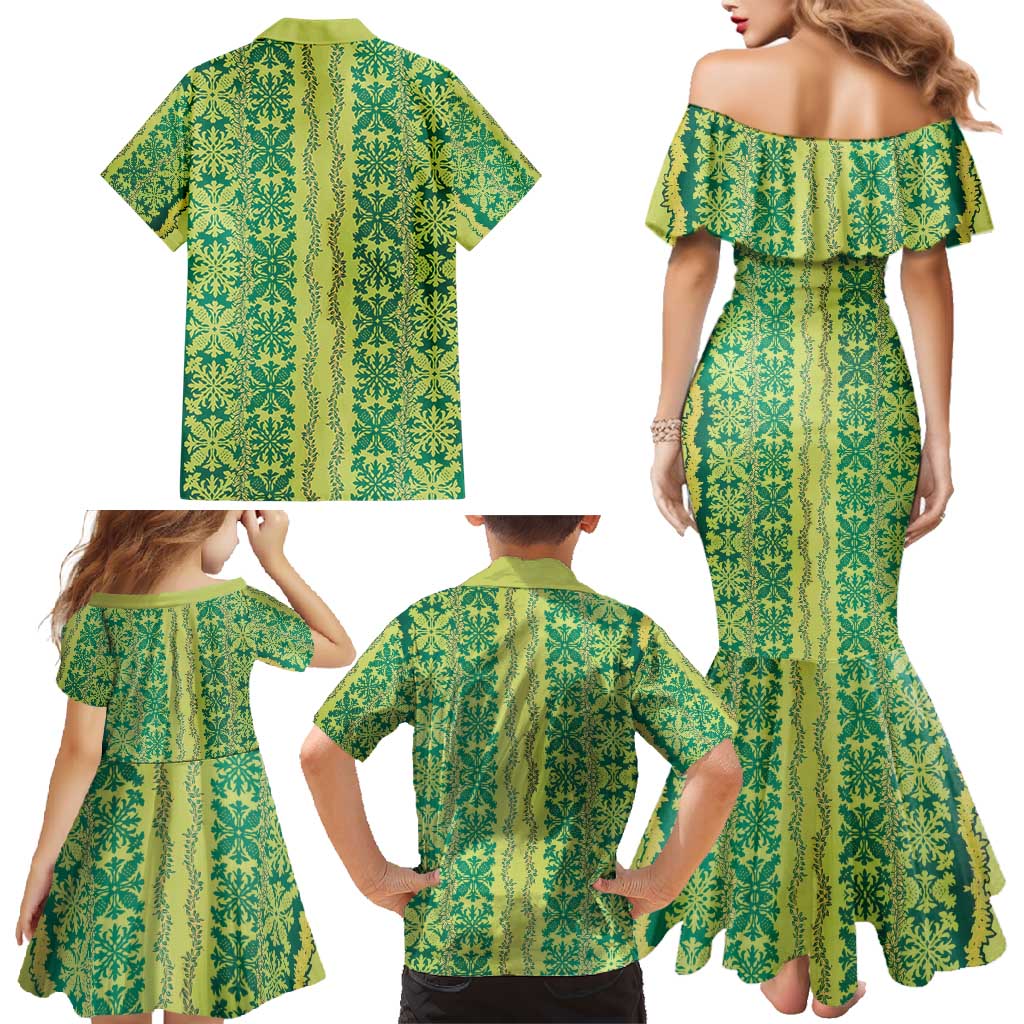 Hawaii Lei with Tribal Quilt Motif Family Matching Mermaid Dress and Hawaiian Shirt LT9 - Polynesian Pride
