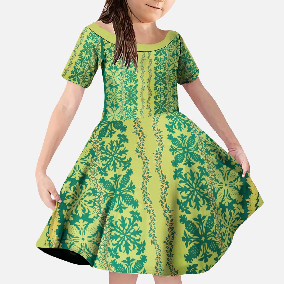 Hawaii Lei with Tribal Quilt Motif Family Matching Off The Shoulder Long Sleeve Dress and Hawaiian Shirt LT9 Daughter's Dress Green - Polynesian Pride