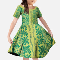 Hawaii Lei with Tribal Quilt Motif Family Matching Off The Shoulder Long Sleeve Dress and Hawaiian Shirt LT9 Daughter's Dress Green - Polynesian Pride