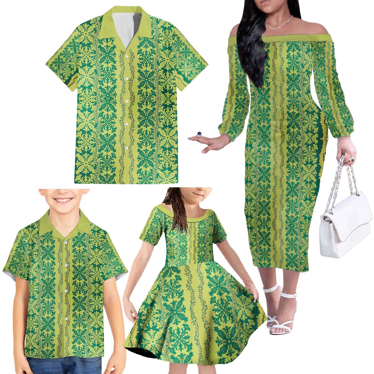 Hawaii Lei with Tribal Quilt Motif Family Matching Off The Shoulder Long Sleeve Dress and Hawaiian Shirt LT9 - Polynesian Pride