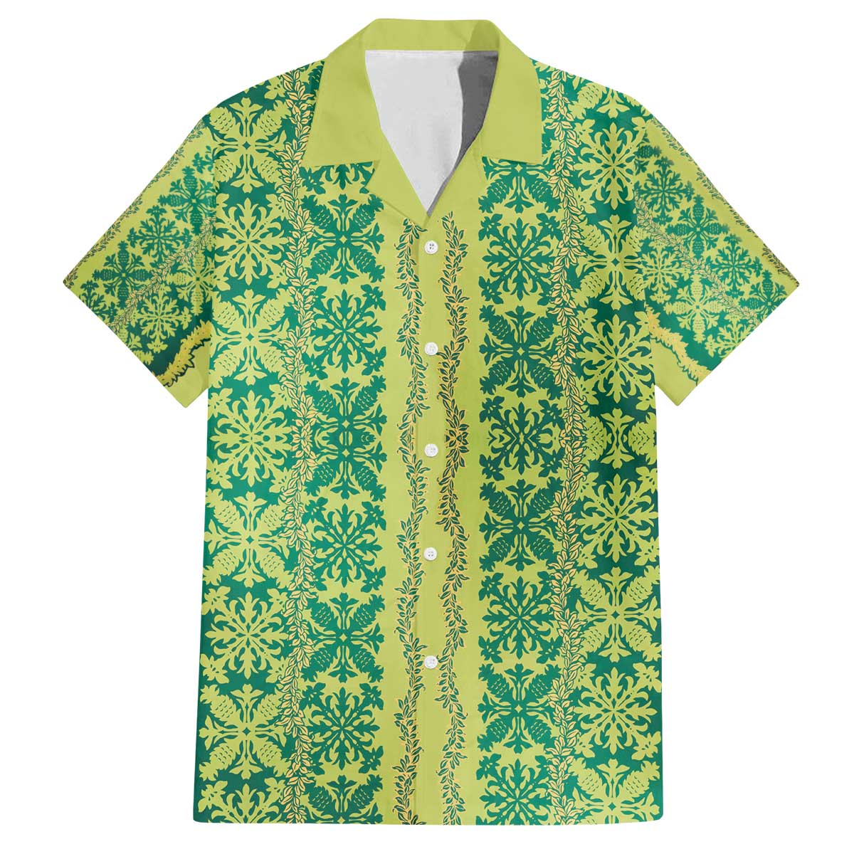 Hawaii Lei with Tribal Quilt Motif Family Matching Off The Shoulder Long Sleeve Dress and Hawaiian Shirt LT9 Dad's Shirt - Short Sleeve Green - Polynesian Pride