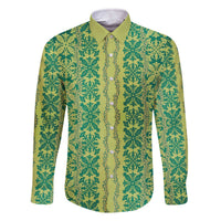 Hawaii Lei with Tribal Quilt Motif Family Matching Off The Shoulder Long Sleeve Dress and Hawaiian Shirt LT9 Dad's Shirt - Long Sleeve Green - Polynesian Pride