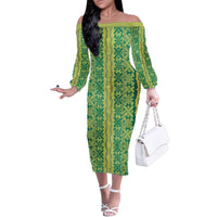 Hawaii Lei with Tribal Quilt Motif Family Matching Off The Shoulder Long Sleeve Dress and Hawaiian Shirt LT9 Mom's Dress Green - Polynesian Pride