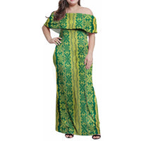 Hawaii Lei with Tribal Quilt Motif Family Matching Off Shoulder Maxi Dress and Hawaiian Shirt LT9 Mom's Dress Green - Polynesian Pride