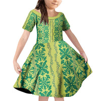 Hawaii Lei with Tribal Quilt Motif Family Matching Off Shoulder Short Dress and Hawaiian Shirt LT9 Daughter's Dress Green - Polynesian Pride