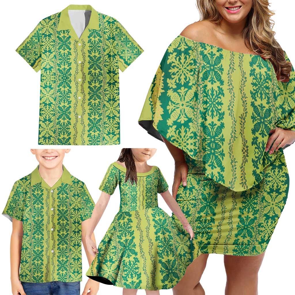 Hawaii Lei with Tribal Quilt Motif Family Matching Off Shoulder Short Dress and Hawaiian Shirt LT9 - Polynesian Pride