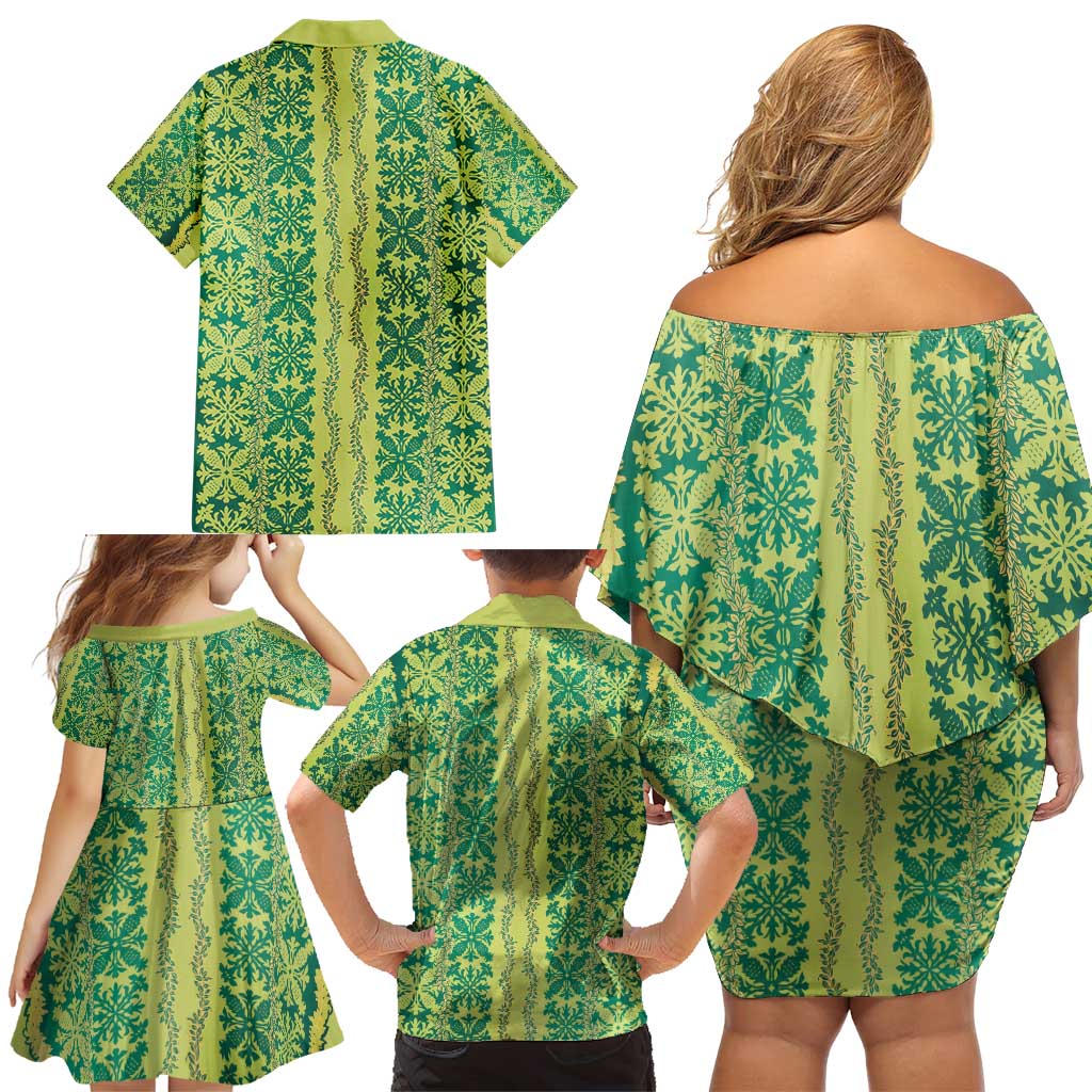 Hawaii Lei with Tribal Quilt Motif Family Matching Off Shoulder Short Dress and Hawaiian Shirt LT9 - Polynesian Pride